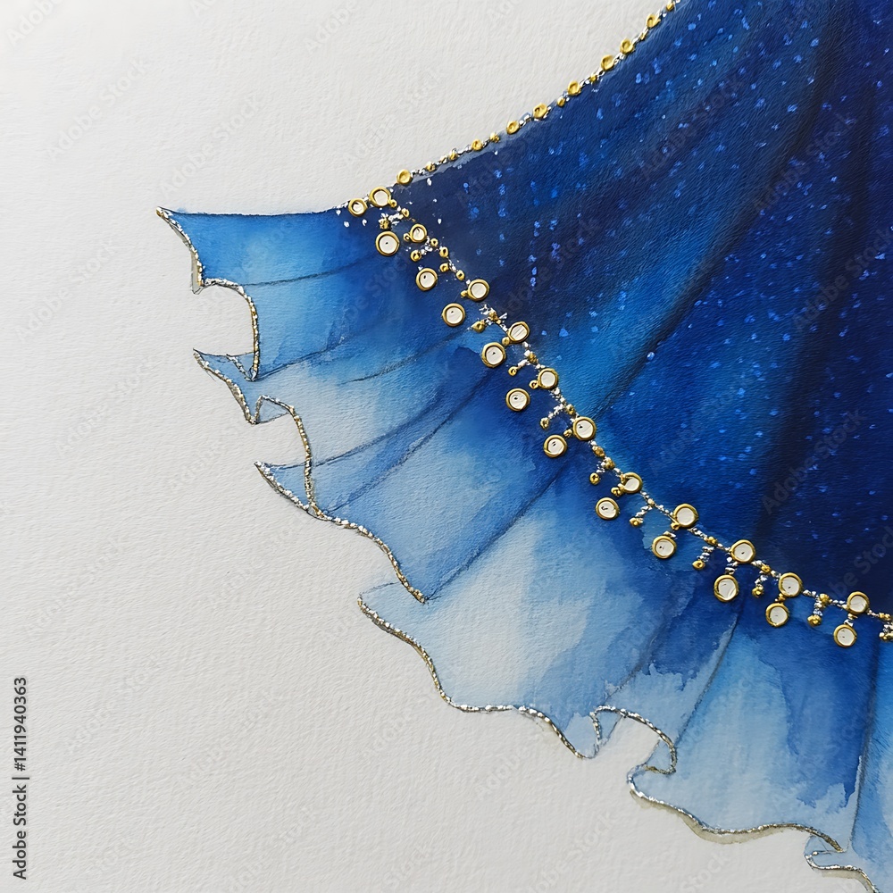 Elegant Watercolor Painting of a Blue Dress Hem with Gold Accents. A close up detail shot showcasing exquisite textile design.