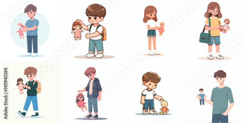 Vector flat design white background. Cartoon Characters with Dolls or Action Figures
