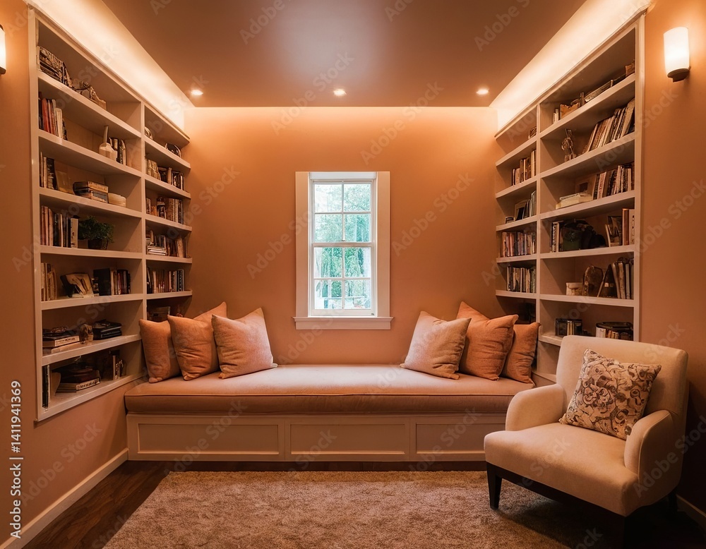 Fototapeta premium Cozy corner reading nook with warm lighting, plush pillows, and shelves full of books.