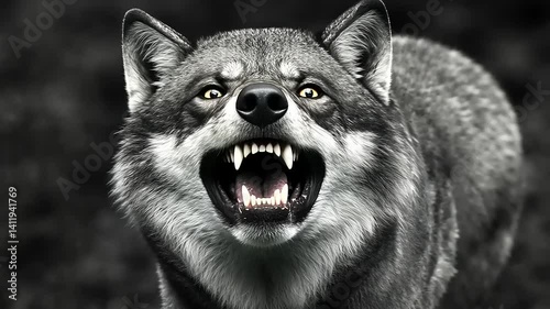 Fierce wolf displaying its teeth in a dark forest, surrounded by blurred foliage and shadows