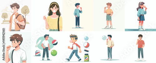 Vector flat design white background. Cartoon Characters Chewing Gum
