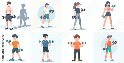 Vector flat design white background. Cartoon Characters Lifting Dumbbells
