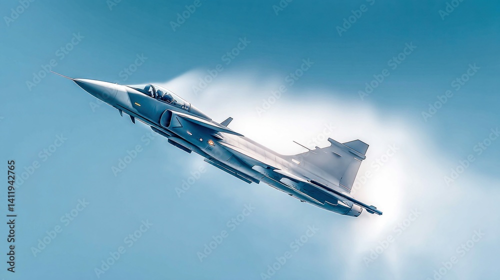 A sleek fighter jet ascends through the sky, leaving a vapor trail behind as it banks gracefully. The aircraft showcases its cutting-edge design amidst the clouds. A sleek fighter jet ascends through the sky, leaving a vapor trail behind as it banks gracefully. The aircraft showcases its cutting-edge design amidst the clouds.