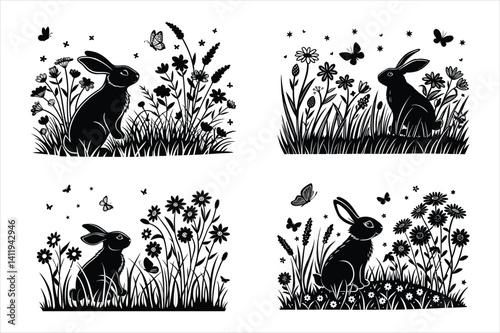 Black silhouette of a bunny sitting in a wildflower meadow with butterflies and grass