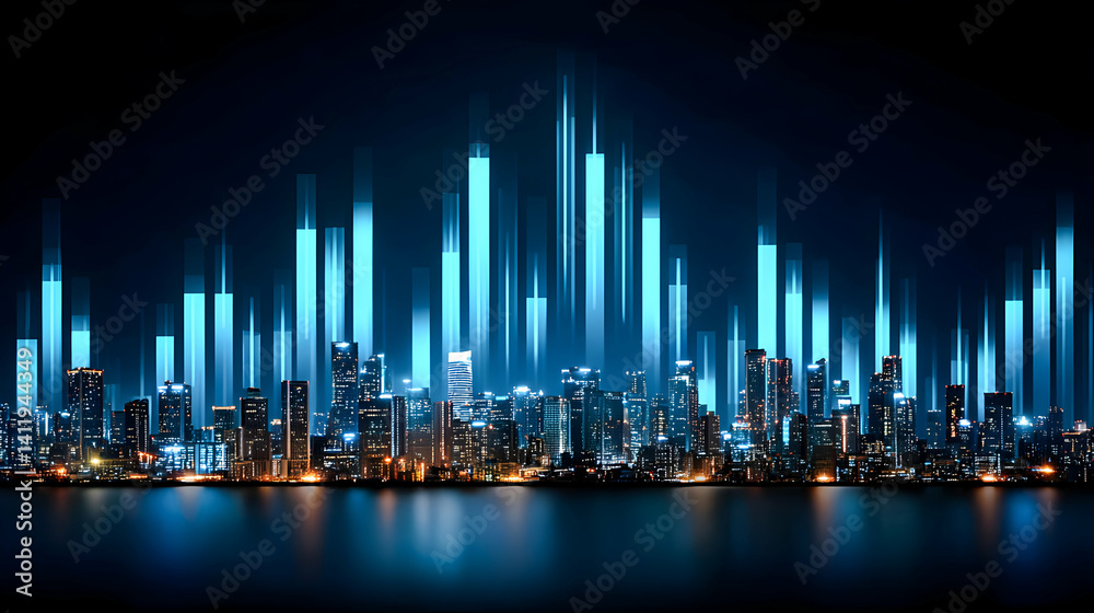 Fototapeta premium Vibrant city skyline with illuminated towers at night.