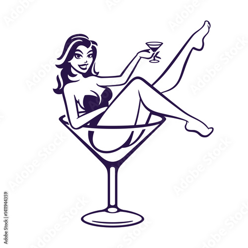 Cartoon pretty pin up girl sitting in high cocktail glass and holding glass in his hand vector illustration
