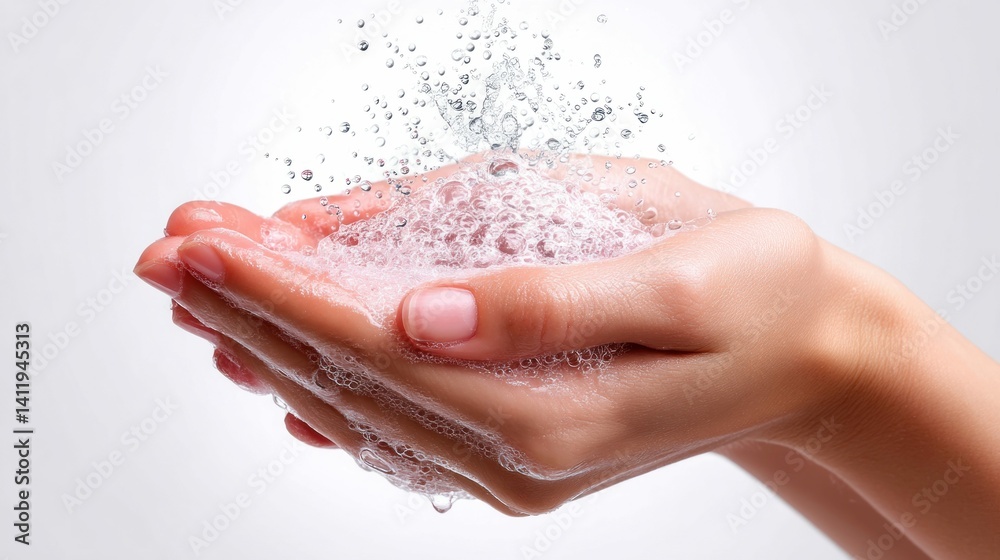 Close-up shot of hands cupping water and foamy soap. Cleanliness and hygiene represented. Perfect for illustrating health and wellness.