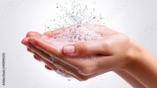 Obraz na płótnie Close-up shot of hands cupping water and foamy soap. Cleanliness and hygiene represented. Perfect for illustrating health and wellness. w salonie