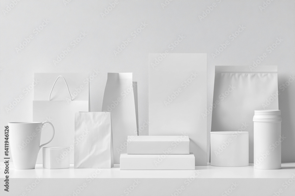 White packaging mockup on a shelf various shapes and sizes simple design White packaging mockup on a shelf various shapes and sizes simple design