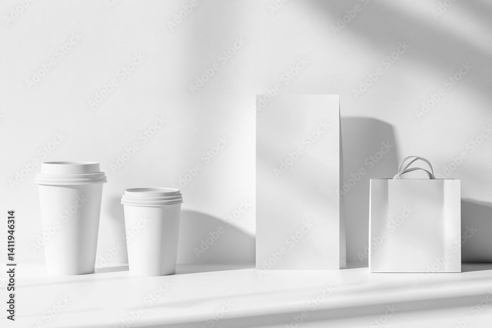 Mockup scene with white cups paper bag and card sunlight shadows Mockup scene with white cups paper bag and card sunlight shadows