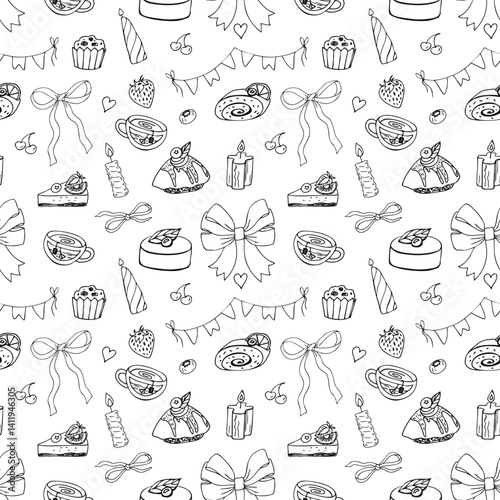 Cute and trendy vector seamless pattern with bows, cakes and candles. For restaurant, cafe, bakery, food menu,  print, textile, packaging.