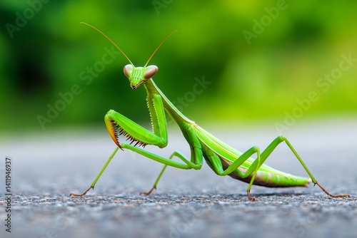 A praying mantis striking a defensive pose, its forelegs raised in anticipation (Insect)