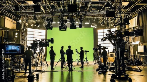 Studio crew preparing for a green screen video shoot