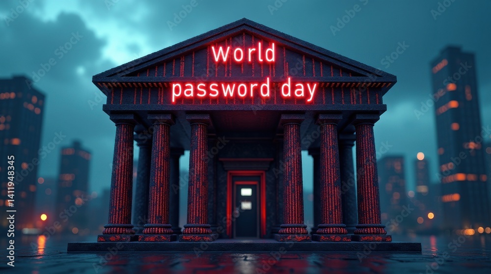 Obraz premium Celebrating world password day cybersecurity event in urban landscape neon environment futuristic viewpoint