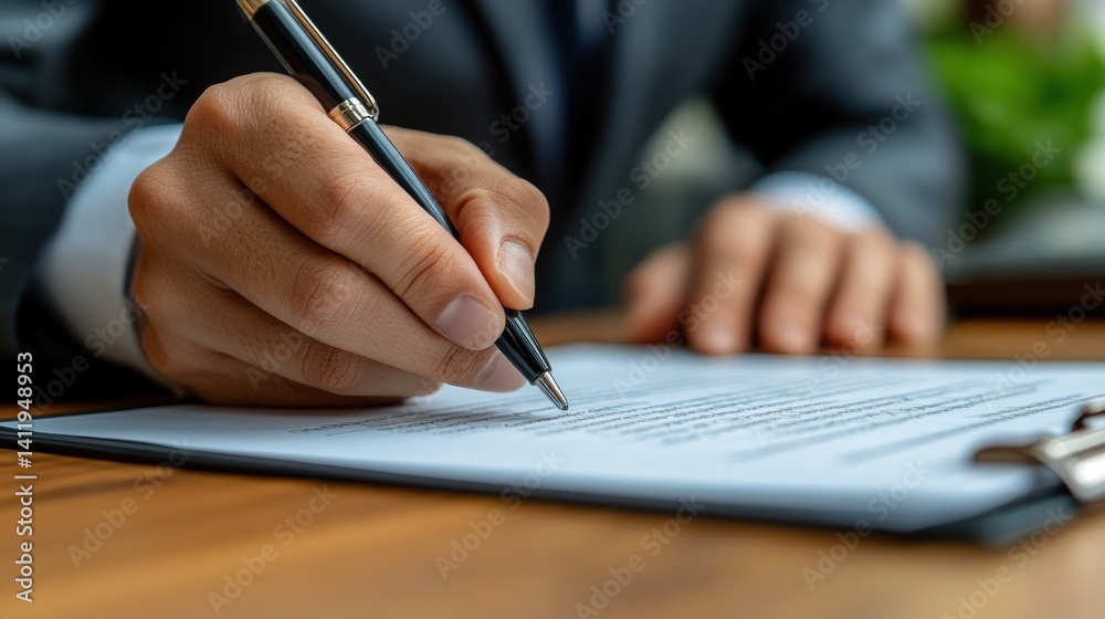 Close-up of person signing a document. Close-up of person signing a document.