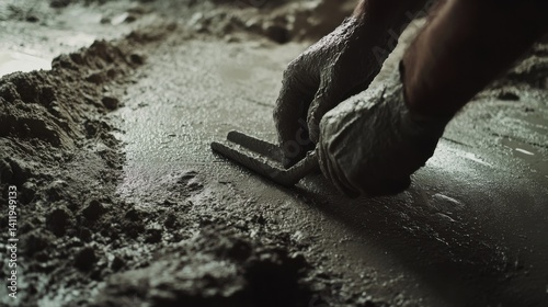 Concrete mason smoothing fresh concrete with a trowel. Featuring craftsmanship and finishing touches
