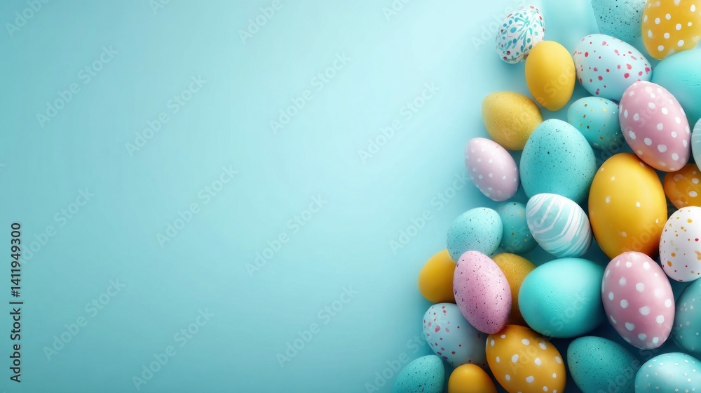 Obraz premium An overhead shot of colorful, decorated Easter eggs of varied colors arranged on a vibrant blue background, with copy space.
