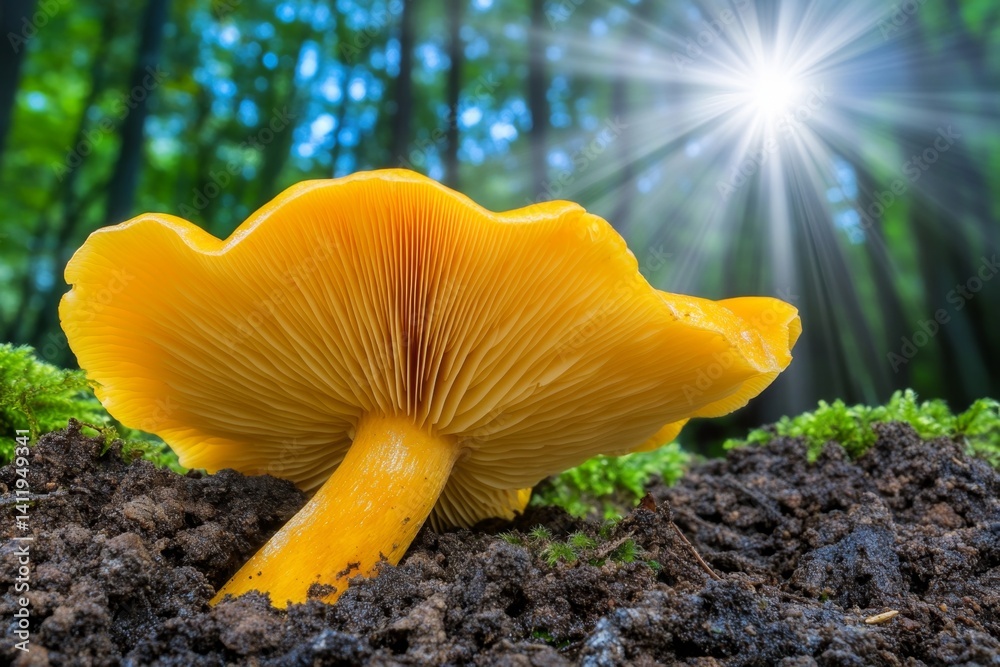 A stunning golden chanterelle mushroom illuminated by a beam of sunlight in a dark forest A stunning golden chanterelle mushroom illuminated by a beam of sunlight in a dark forest