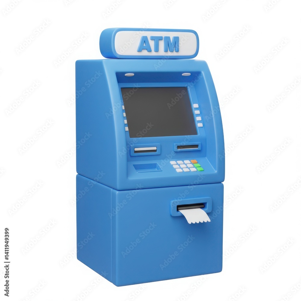 A blue atm machine with a receipt sticking out of the bottom slot isolated on white background A blue atm machine with a receipt sticking out of the bottom slot isolated on white background