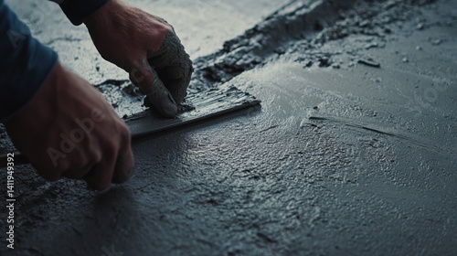 Concrete mason smoothing fresh concrete with a trowel. Featuring craftsmanship and finishing touches
