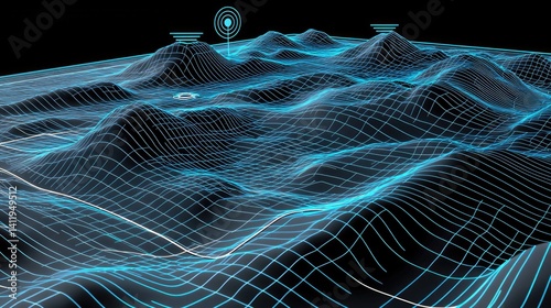 Abstract digital landscape with glowing wireframe terrain and radar.