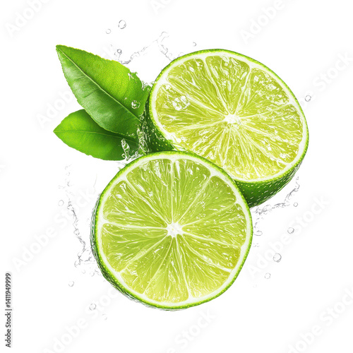 Lime halves with leaves and water on transparent background