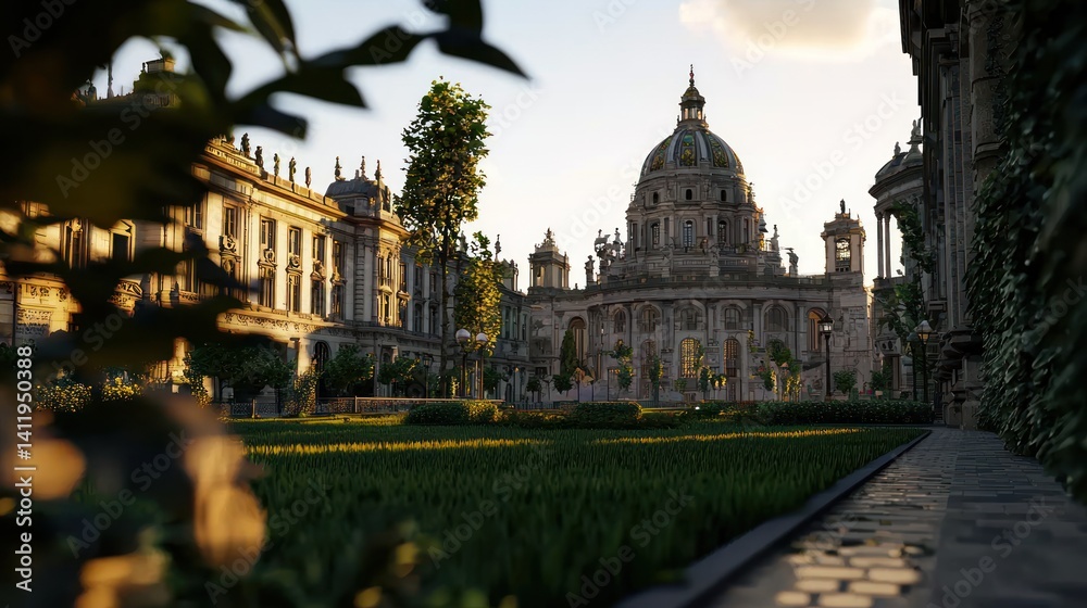 Obraz premium European City Square, Sunlight on Historical Buildings, Lush Gardens, Peaceful Scene