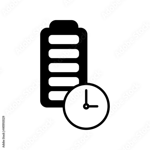 battery icon with clock, long lasting battery icon, simple flat style, illustration, logo sign symbol pictogram template, for ui or ux isolated on white for mobile app, editable	