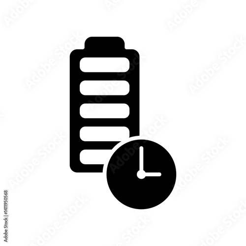battery icon with clock, long lasting battery icon, simple flat style, illustration, logo sign symbol pictogram template, for ui or ux isolated on white for mobile app, editable	
