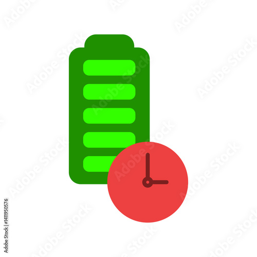 battery icon with clock, long lasting battery icon, simple flat style, illustration, logo sign symbol pictogram template, for ui or ux isolated on white for mobile app, editable	