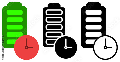 battery icon with clock, long lasting battery icon, simple flat style, illustration, logo sign symbol pictogram template, for ui or ux isolated on white for mobile app, editable	