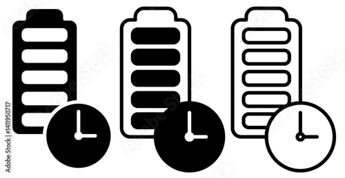 battery icon with clock, long lasting battery icon, simple flat style, illustration, logo sign symbol pictogram template, for ui or ux isolated on white for mobile app, editable	
