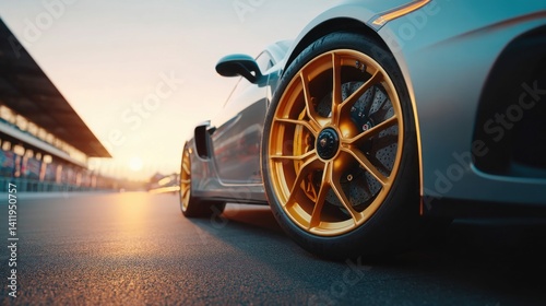 A stunning close-up of a luxury sports car parked on a race track at sunset, highlighting its details.