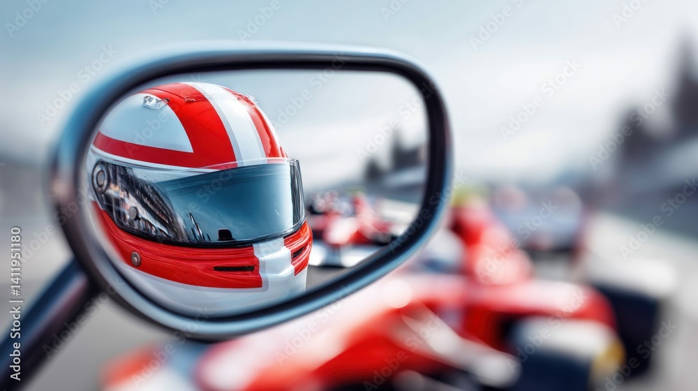 Obraz premium The image captures a close-up view of a racing helmet reflected in a car's side mirror during a race. The focus is on the helmet.