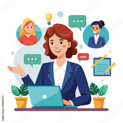 Businesswoman communicates with colleagues via laptop