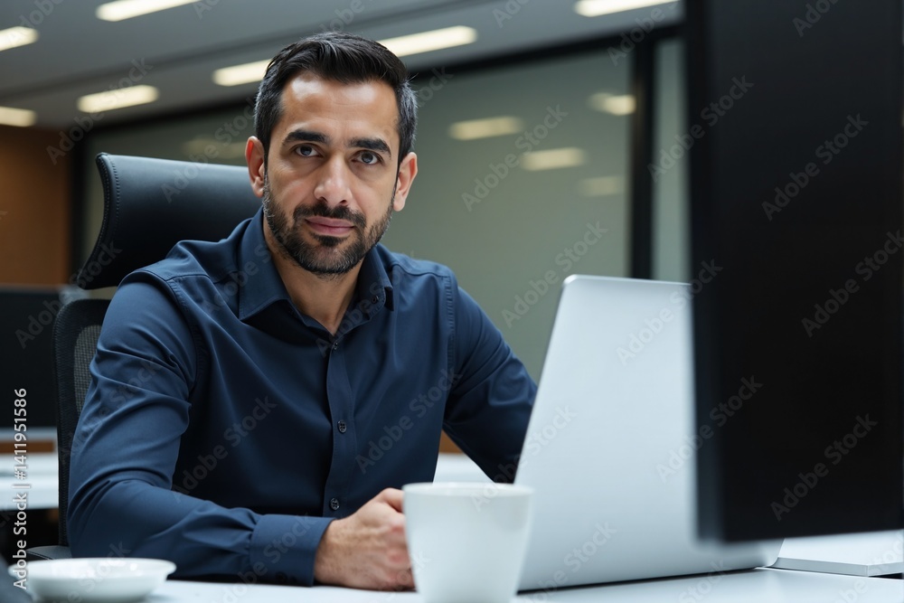 © Alex & M Studio - Smiling Middle Eastern businessman in a blue shirt working on a laptop in a modern office with large windows