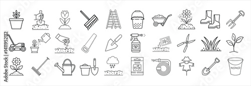 Planting, Gardening and Growing outline icons set	
