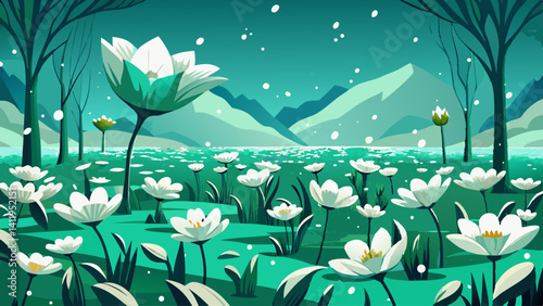 Delicate blooms like scattered snow,
Resting lightly on emerald fields,
Each one a poem of stillness.