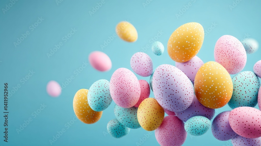 A beautiful display of pastel Easter eggs in various colors and sizes against a soft blue backdrop. Perfect for spring celebrations. A beautiful display of pastel Easter eggs in various colors and sizes against a soft blue backdrop. Perfect for spring celebrations.