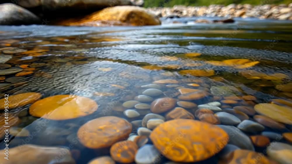 Colorful pebbles submerged in clear river water with gentle ripples and rocky shoreline Colorful pebbles submerged in clear river water with gentle ripples and rocky shoreline