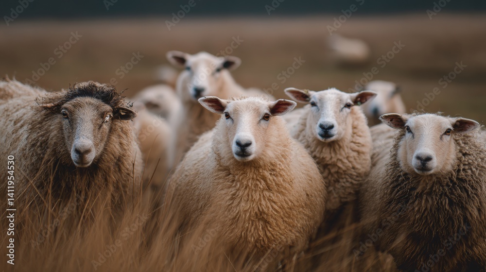 Fototapeta premium a group of sheep on a pasture stand next to each other and look into the camera