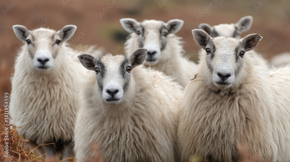 Obraz premium a group of sheep on a pasture stand next to each other and look into the camera