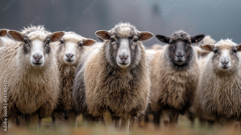 Obraz premium a group of sheep on a pasture stand next to each other and look into the camera
