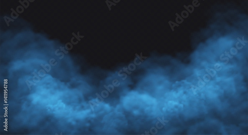 Blue smoke cloud on black transparent background. Fog vector effect.
