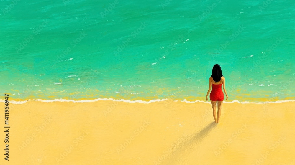 Obraz premium Woman In Red Dress Walking On Golden Beach Near Turquoise Ocean