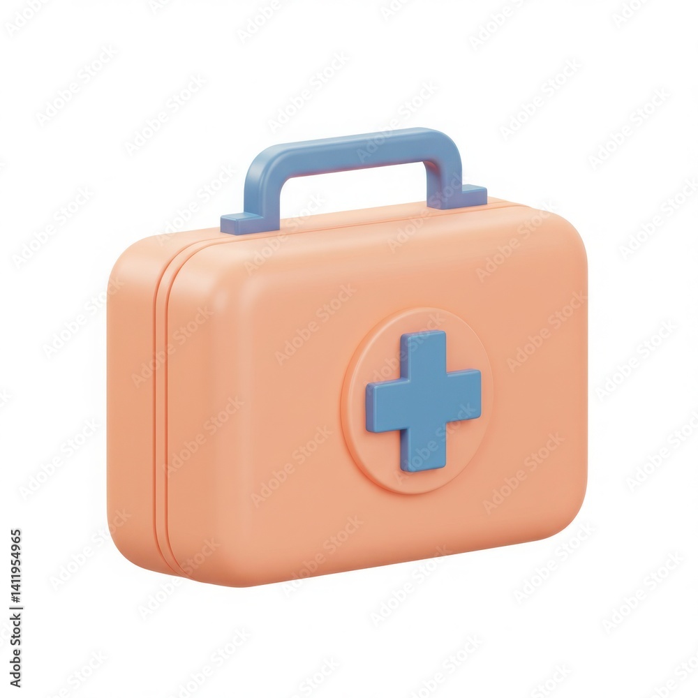 Fototapeta premium A peach first aid kit with a blue cross and handle illustration isolated on white background