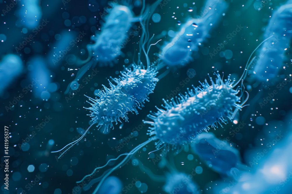 Close up of a group of bacteria in a blue color. The bacteria are in a group and are very close to each other Close up of a group of bacteria in a blue color. The bacteria are in a group and are very close to each other