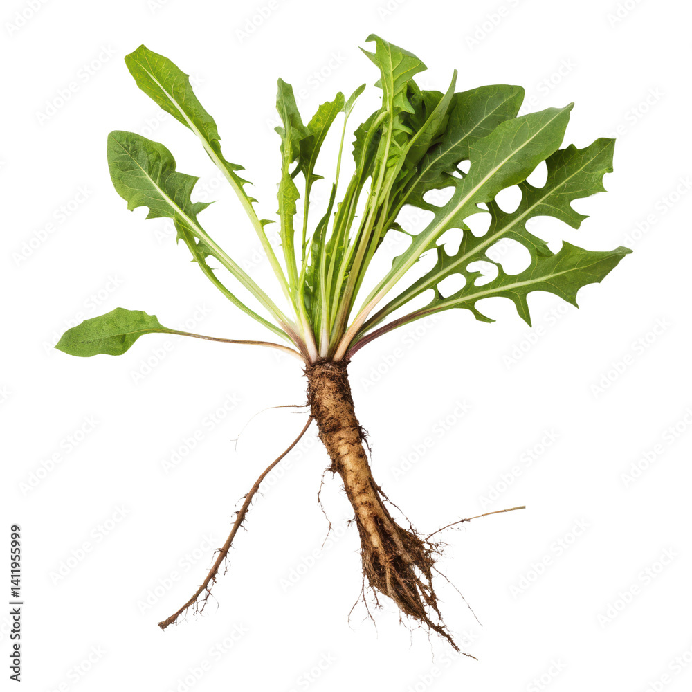 Dandelion plant with roots and green leaves isolated on white
