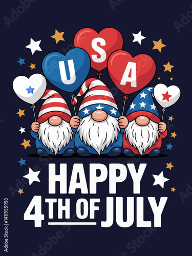 gnomes, balloon, usa, patriotic, independence day, red, white, blue, celebration, stars, gnomes 4th of july, 4th of july, american, memorial day, america, flag, funny, cute, day, july 4th, july fourth