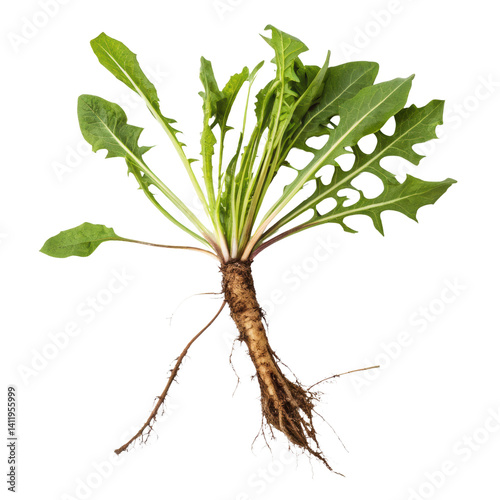 Obraz na płótnie Dandelion plant with roots and green leaves isolated on white w salonie